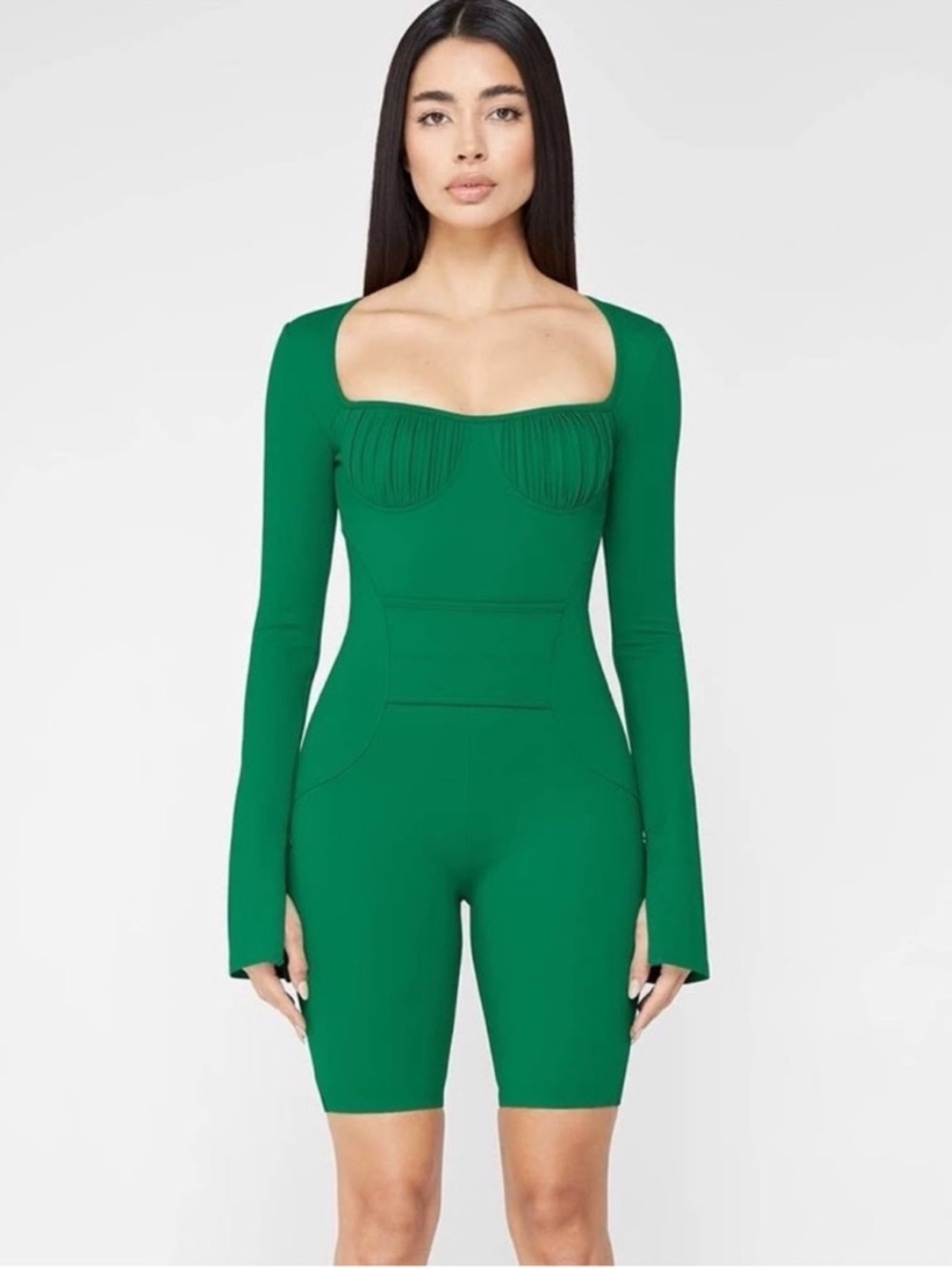 Maniere De Voir Green Long-Sleeve Sculpted Jumpsuit Romper